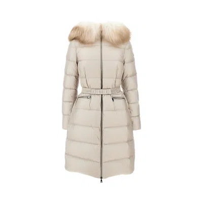 Moncler 'boedic' Long Down Jacket With Shearling Trim In Gray