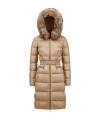 Moncler Doudoune Longue À Capuche Bordée De Shearling Boedic In Brown