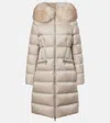 Moncler Boedic Hooded Shearling-trimmed Long Down Jacket In Brown