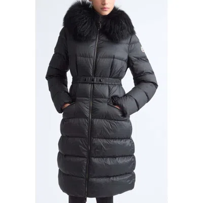 Moncler Boedic Water Repellent Long Down Puffer Coat With Genuine Shearling Trim In Black