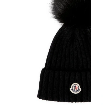 Moncler Wool Beanie Pompom Detail Cold Season In Black