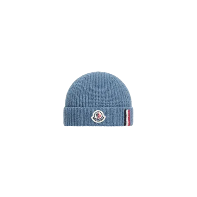 MONCLER TRICOLOUR-TRIMMED WOOL BEANIE, BOYS, BLUE, SIZE: 3XS