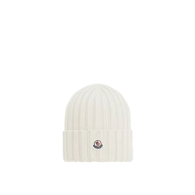 MONCLER MONCLER BONNET EN LAINE À LOGO, FEMME, BLANC, TAILLE: UNI
