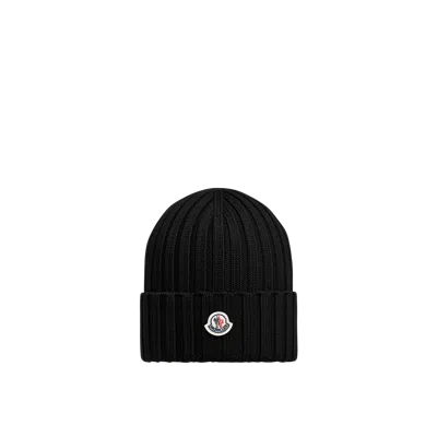 MONCLER MONCLER LOGO WOOL BEANIE, WOMEN, BLACK, SIZE: ONE SIZE