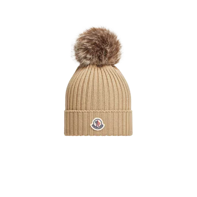 Moncler Kids' Bonnet En Laine Avec Pompon In Neutral