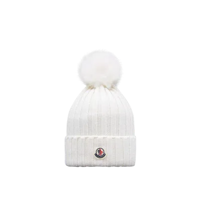 Moncler Wool Beanie With Faux Fur Pom Pom White