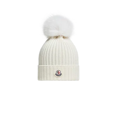Moncler Kids' Wool Beanie With Faux Fur Pom Pom White