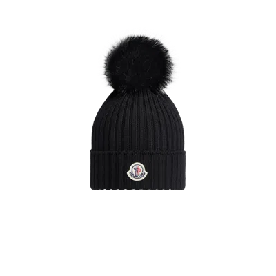 Moncler Kids' Wool Beanie With Faux Fur Pom Pom Black
