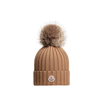 Moncler Wool Beanie With Pom Pom, Women, Beige, Size: One Size In Brown