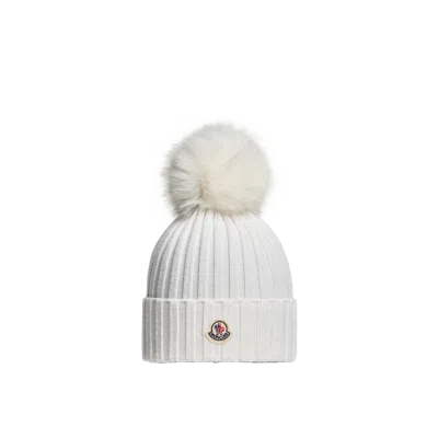 Moncler Ribbed Wool Beanie With Faux Fur Pom In Natural
