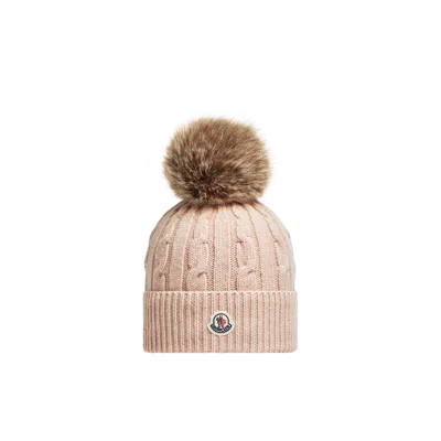 Moncler Wool & Cashmere Beanie With Faux Fur Pom Pom Pink In Neutral