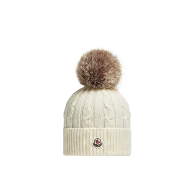 Moncler Wool & Cashmere Beanie With Faux Fur Pom Pom White