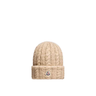 Moncler Bonnet En Laine Mélangée À Maille Torsadée, Femme, Beige, Taille: Uni In Sand