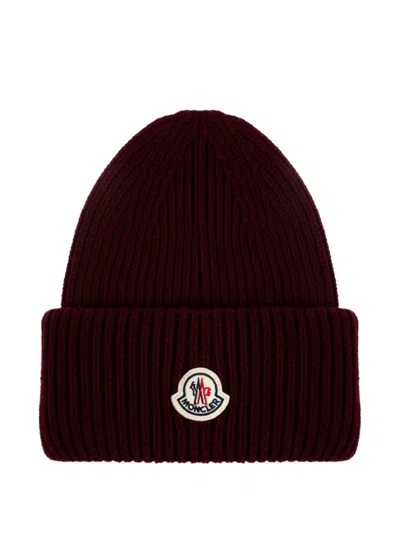 Moncler Bordeaux Logo Beanie Hat In Brown