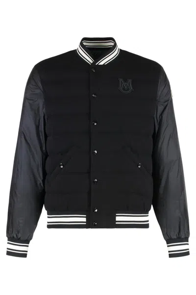 Moncler Contrast Trim Ribbed Bomber Down Jacket In Blue