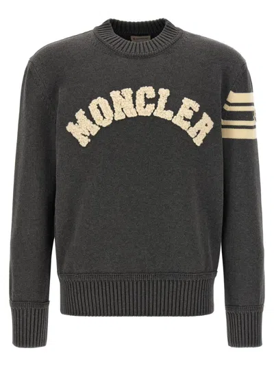Moncler Men Wool Jumper With Embroidered Monogram In Gray