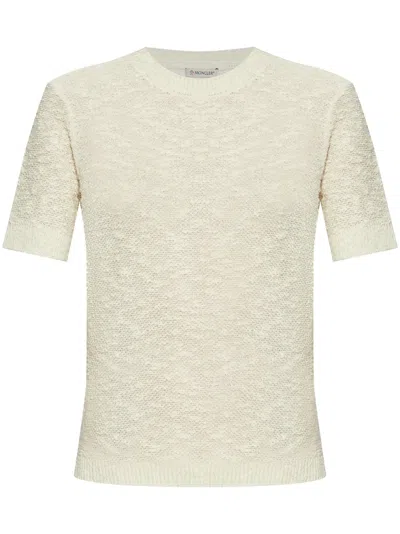 Moncler Bouclé Open-knit T-shirt In Neutrals
