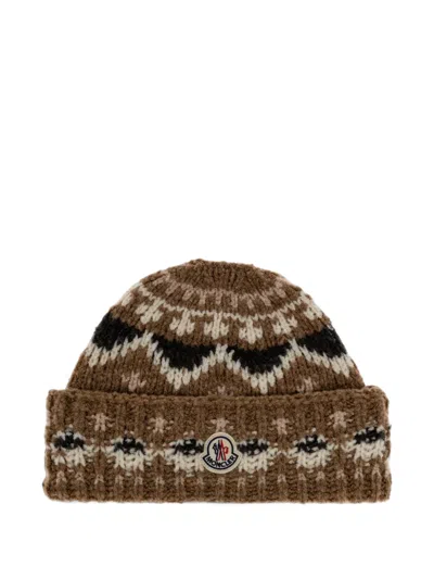Moncler Bouclé Wool Blend Beanie In Brown