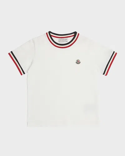 Moncler Kids' Boy's Logo Patch Striped Trim T-shirt In White