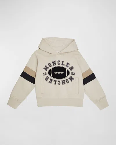 Moncler Kids' Boy's Football-inspired Logo-print Hoodie In Beige