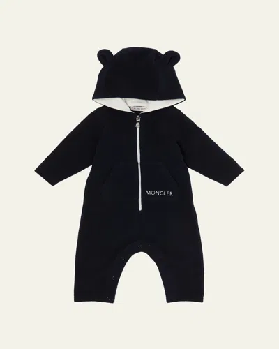 Moncler Kids' Boy's Hooded Logo Fleece Onesie In Blue