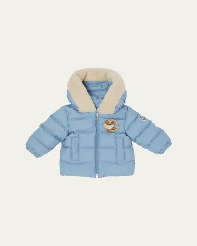Moncler Kids' Boy's Kesimur Logo Embroidery Hooded Down Jacket In Blue