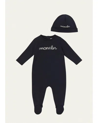 Moncler Kids' Boy's Logo Cotton Baby Grow & Beanie Set In Black