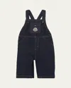 Moncler Boy's Logo Patch Denim Overalls In Blue