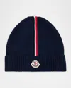 Moncler Dark Blue Tricolour-trim Knitted Cotton Beanie Hat In Black