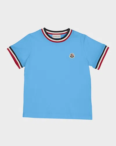 Moncler Kids' Boy's Logo Patch Striped Trim T-shirt In Mid Blue