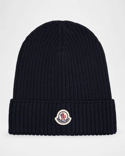 Moncler Kids' Boy's Logo Ribbed Wool Beanie In Black