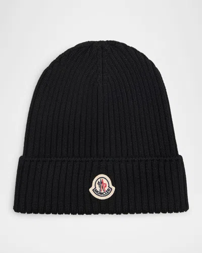 Moncler Kids' Boy's Logo Ribbed Wool Beanie In Black