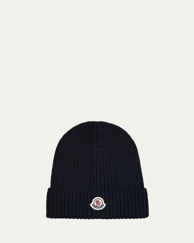 Moncler Kids' Boy's Logo Ribbed Wool Beanie In Black