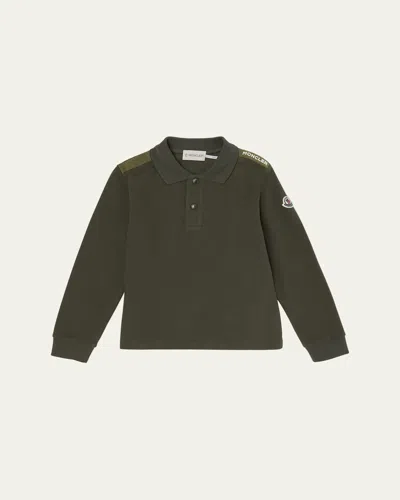 MONCLER BOY'S LOGO TAPE LONG-SLEEVE POLO SHIRT