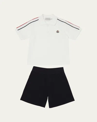 Moncler Kids' Boy's Polo Shirt W/ Shorts Set In White Blue
