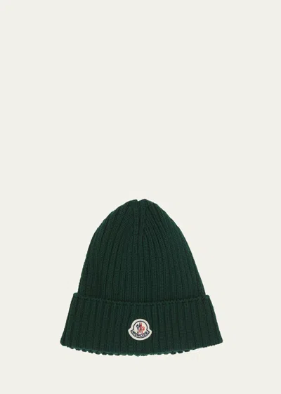 Moncler Kids' Boy's Ribbed Wool Beanie With Logo Patch In Black