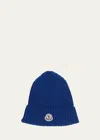 Moncler Kids' Boy's Ribbed Wool Beanie With Logo Patch In Dark Blue