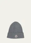 Moncler Boy's Ribbed Wool Beanie With Logo Patch In Grey