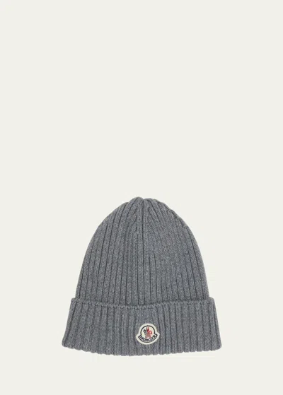 MONCLER BOY'S RIBBED WOOL BEANIE WITH LOGO PATCH