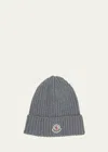 Moncler Boy's Ribbed Wool Beanie With Logo Patch In Medium Green
