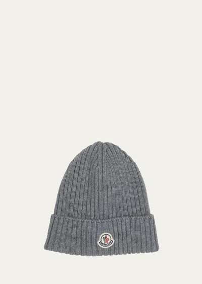 Moncler Kids' Boy's Ribbed Wool Beanie With Logo Patch In Medium Green