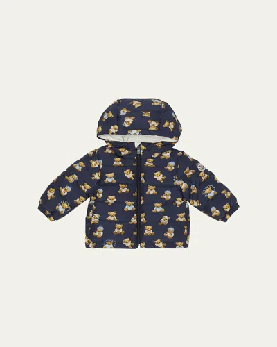 Moncler Kids' Boy's Semenat Teddy Bear Logo Hooded Down Jacket In Blue