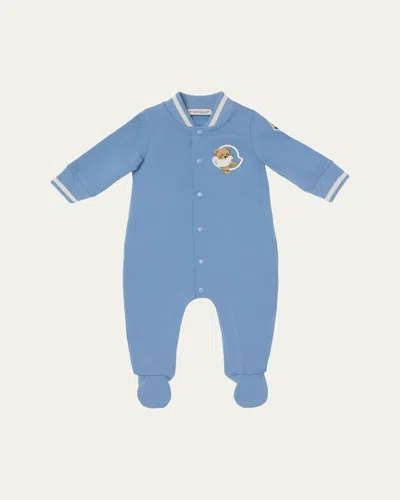 Moncler Kids' Boy's Teddy Bear Varsity Footed Romper In Blue