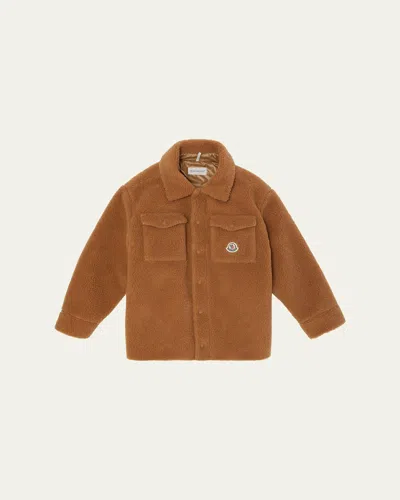 Moncler Kids' Boy's Teddy Fleece Logo-patch Shirt Jacket In Brown