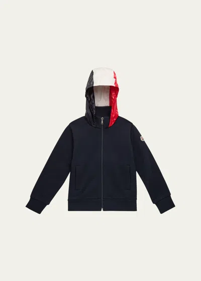 Moncler Kids' Boy's Tri-stripe Zip Up Hoodie In 778 - Dark Navy B