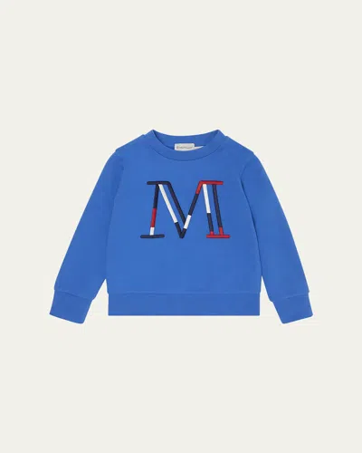 Moncler Kids' Boy's Tricolor Embroidered M Logo Sweatshirt In Blue