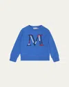 Moncler Boy's Tricolor Embroidered M Logo Sweatshirt In Blue