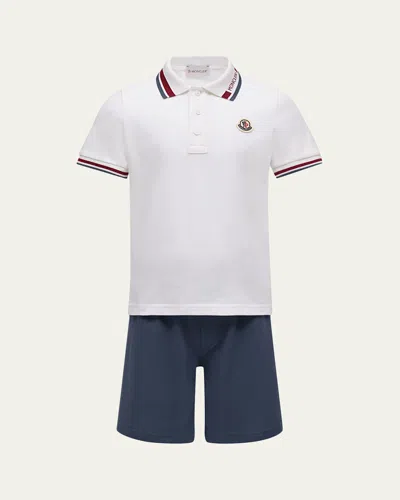 Moncler Kids' Boy's Tricolor-trimmed Cotton Polo Shirt & Shorts Set In White
