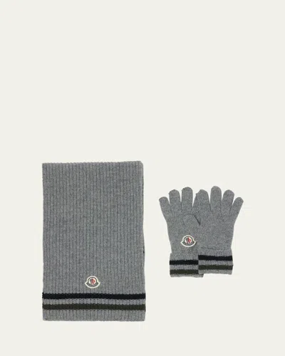 Moncler Kids' Boy's Virgin Wool Gloves & Scarf Set In Gray