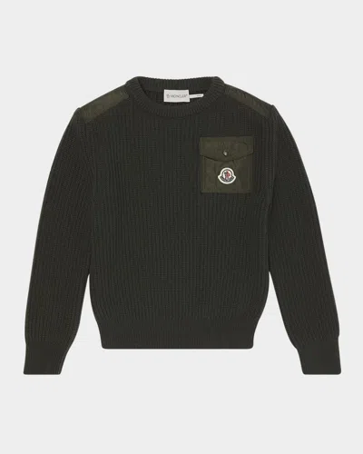 Moncler Kids' Boy's Wool Knit Crewneck Sweater With Nylon Trim In Green